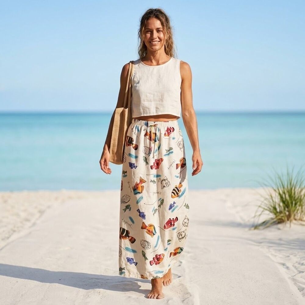 Hot Cotton Tropical Fish Linen Maxi Skirt Womens Sz L Pull On Beachy Resortwear